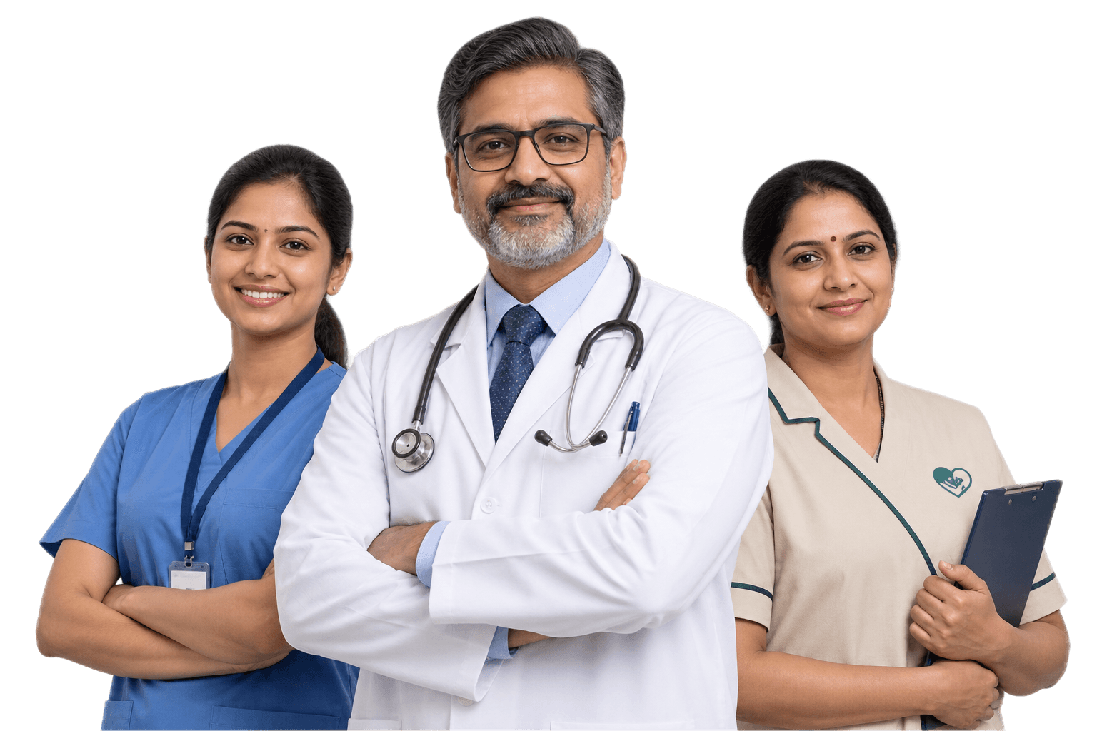 A doctor, a nurse and a caregiver